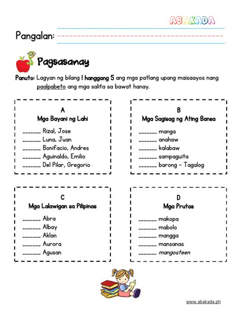 Pagsasaayos Nang Paalpabeto Worksheets (Part 1) .